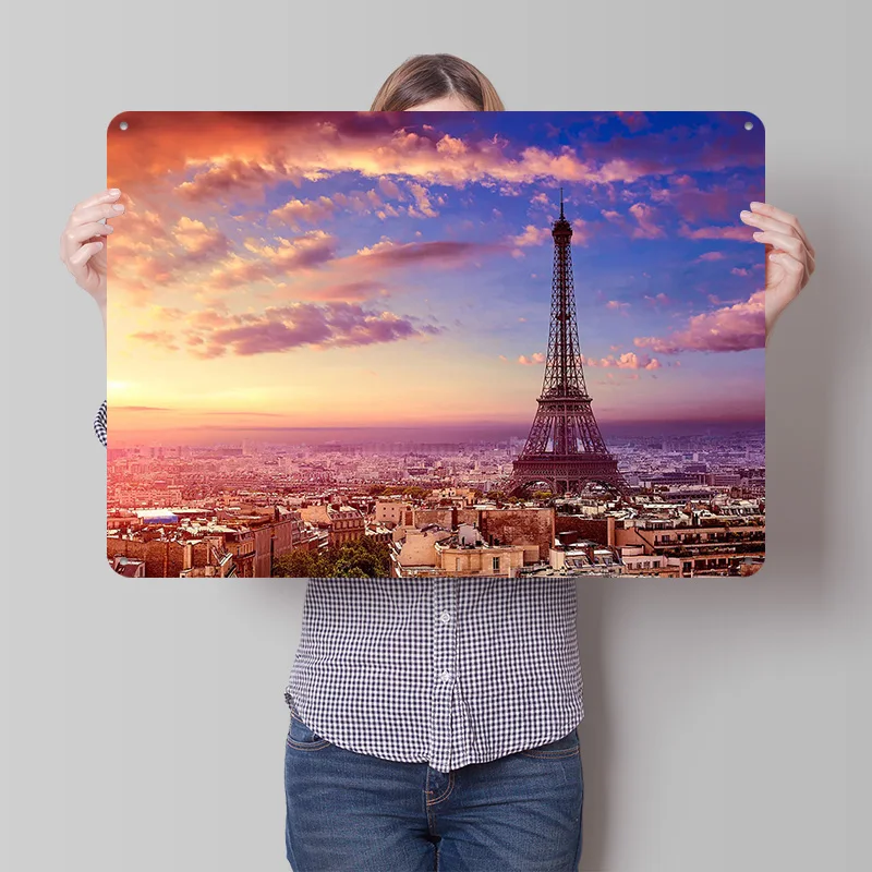 Paris Eiffel Tower and Sky Poster Retro 3D Printed Metal Signs Customized Wall Hanging Gift for Living Room Decorations Tin Sign