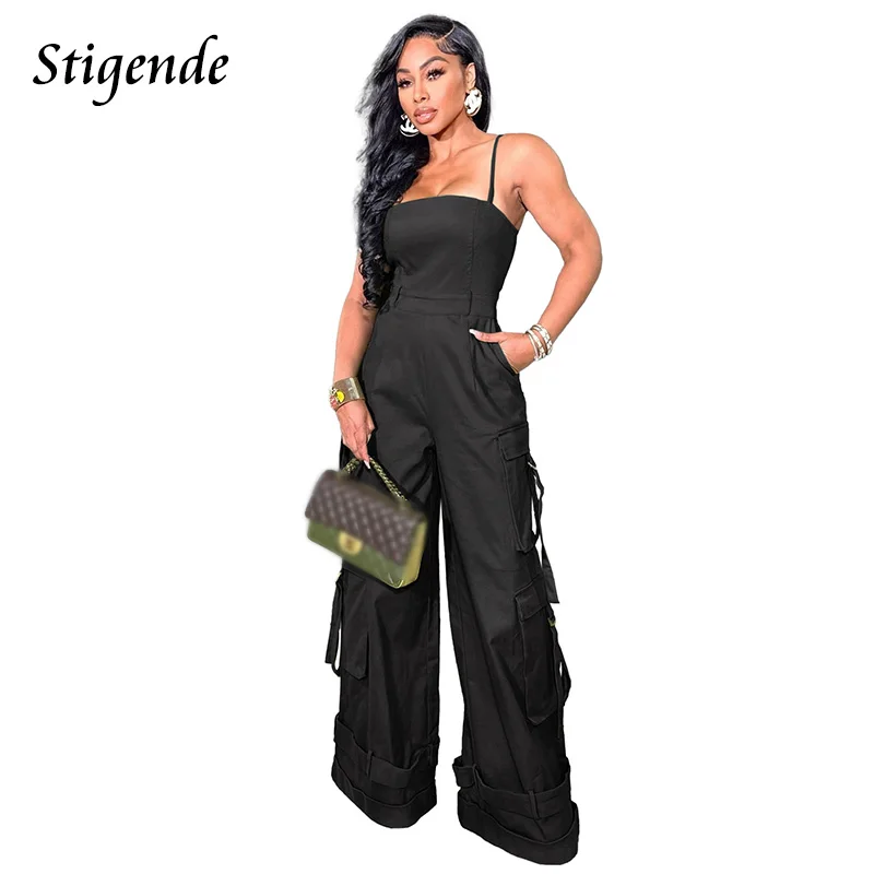 Stigende Multiple Pockets Wide Leg Loose Cargo Jumpsuits Women Spaghetti Strap Back Zipper Baggy Jumpsuit