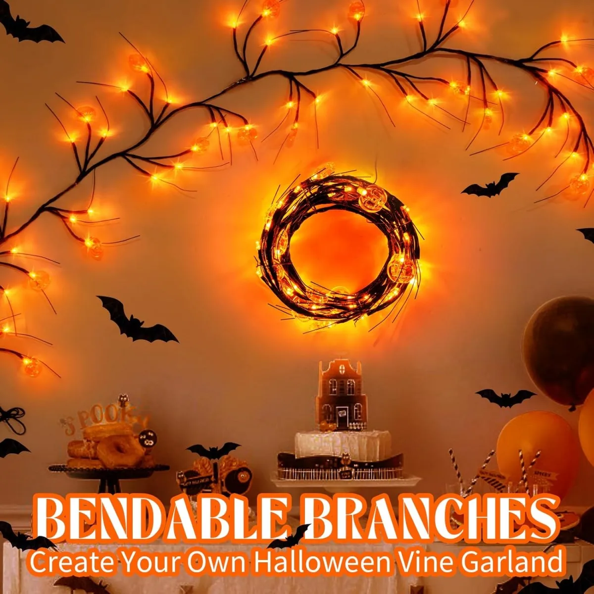 1PC 54LED Halloween Pumpkin String Light Waterproof Black Willow Vine Light Bendable Tree Lamp With Pumpkin For Party Decor