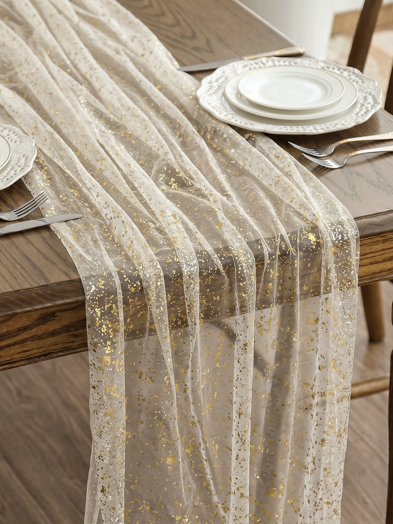 Table Runner 118 Inch, 1 Pcs Gold Foil Champagne Gauze Table Runner, Seasonal Sheer Dining Holiday Wedding Season Table Decor