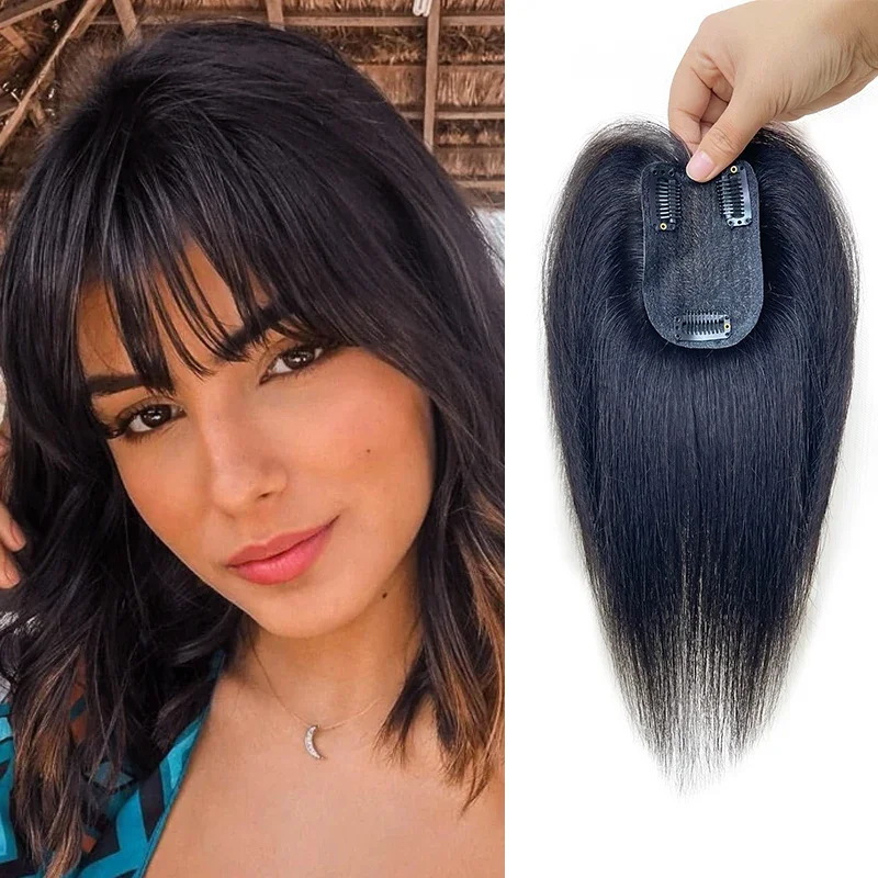 25cm 100% Human Hair 7X10cm Hairnet with Bangs Toupee Straight Clip in Hair Extension Improve Volume Topper Women Hair Pieces