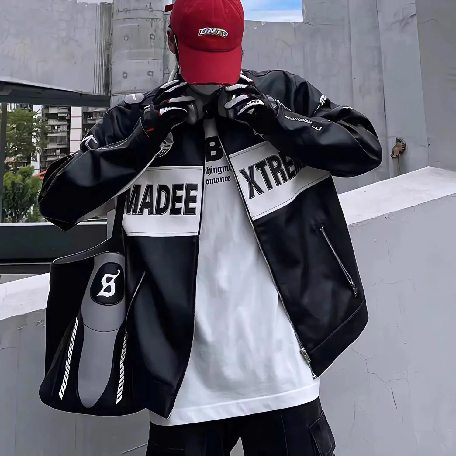 High street American retro color blocked embroidered motorcycle leather jacket for men and women hip hop jacket men clothing