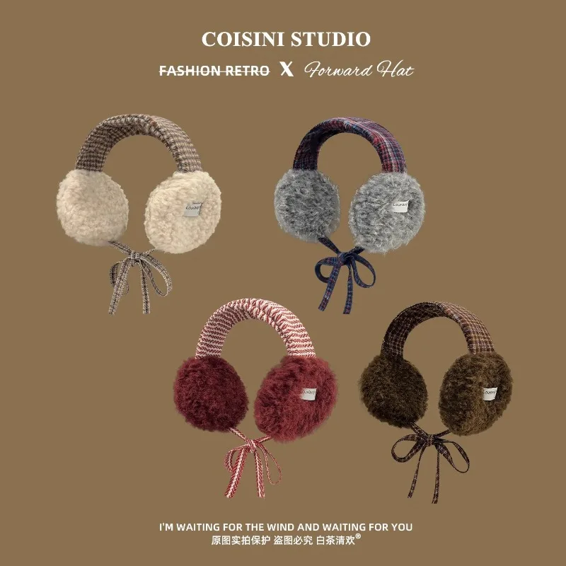 Korean Retro Contrasting Color Straps Plush Earmuffs for Women Winter Travel Warm Ear Protection Versatile Sweet Earflaps