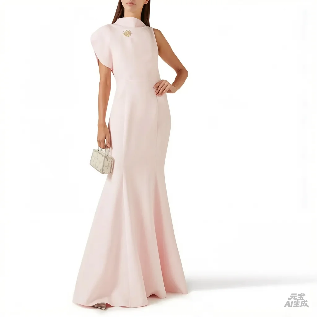 

Customized Pink Sleeveless Elegant Mermaid Evening Dresses Brooch Formal Occasion Prom Dress Draped Party Gown