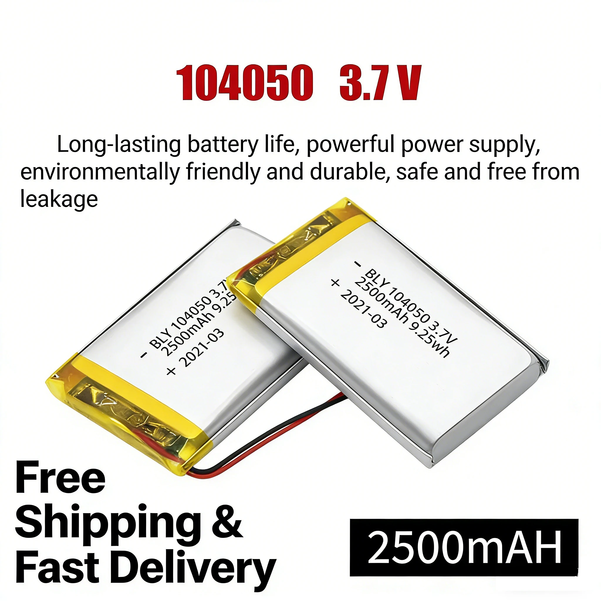 

104050 3.7V 2500mAh High Capacity Lithium Polymer Battery Rechargeable Li-Po Cell for GPS Dash Cam MP3 MP4 Driving Recorder