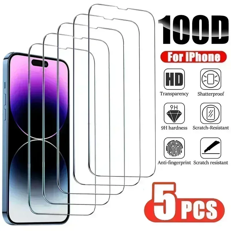 

5Pcs Tempered Glass Screen Protector for IPhone 14 13 11 15 Pro Max 12 Mini I Phone XS XR X 8 7 6S Plus SE 2022 Clear Film Cover