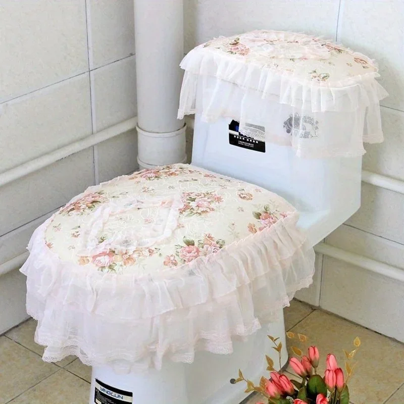 

3-piece High-end Lace Fabric Toilet Seat Cushion Cover With Zipper Thick Cushion Pattern Is Beautiful
