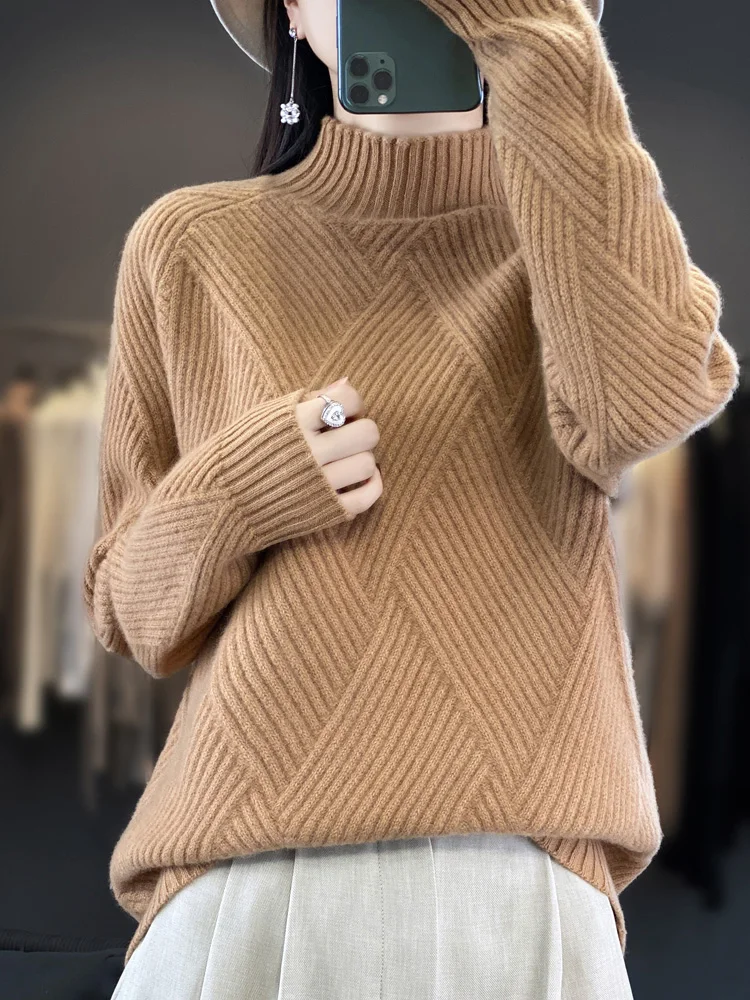 

High Quality 100% Merino Wool Sweater Mock Collar Striped Knitwear Autumn Winter Women Pullover Basics Cashmere Clothing Tops