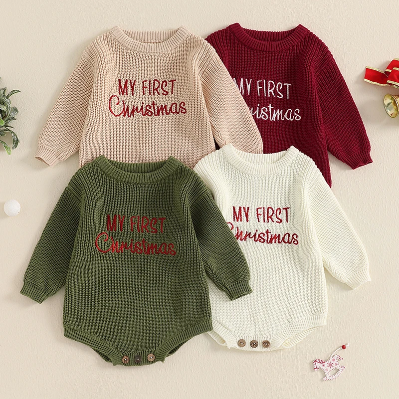 0-18M Newborn Baby Girl Boy Christmas Sweater Romper Letter Embroidery Long Sleeve Crew Neck Knit Bubble Jumpsuit