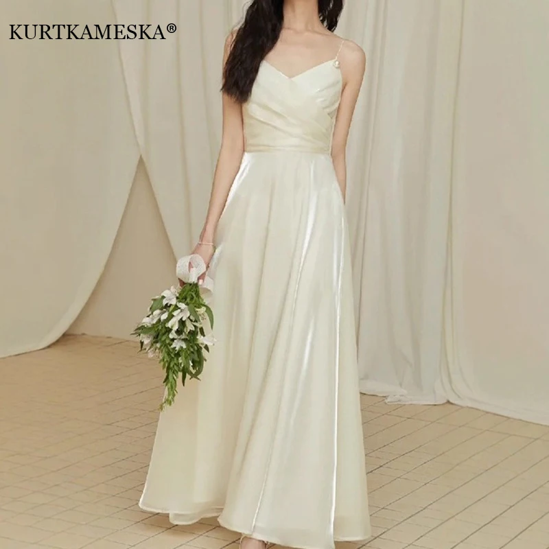 

White Spaghetti Strap Satin Wedding Dress Ruched V-Neck Floor Length A-Line Elegant Bridal Gown For Women Evening Dresses