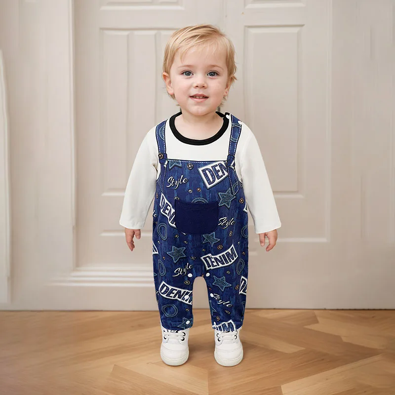 Baby Boy Fake Denim Overalls Romper Star Letter Print Long Sleeve Jumpsuit Newborn Casual Outfit 0-24M