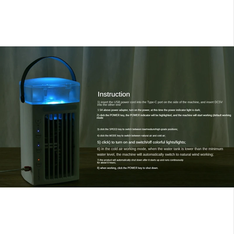 1 PCS 3 In 1 Desk Air Cooler And Humidifier White Air Conditioner Fan With 3 Fan Speeds And 7 Colors LED Light For Bedroom