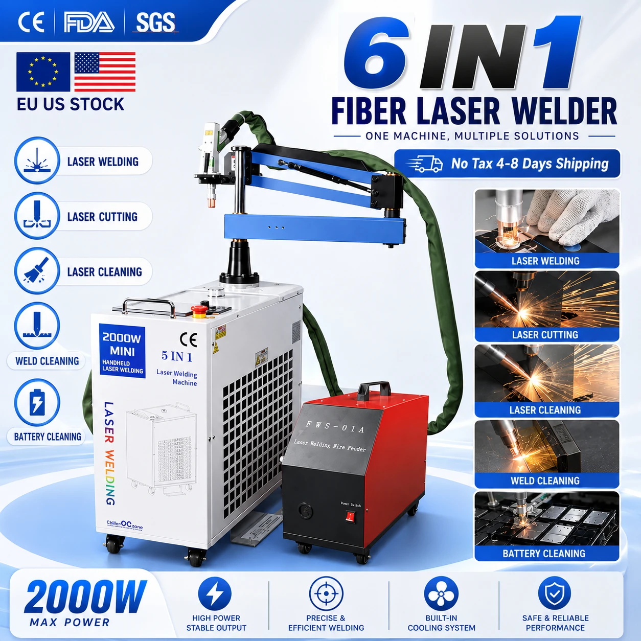 2000W 6-in-1 Fiber Laser Welding Cutting Cleaning Machine Pulse Welding Battery & Stiffener Welding Double Pendulum Handheld Laser Welder for All Metals
