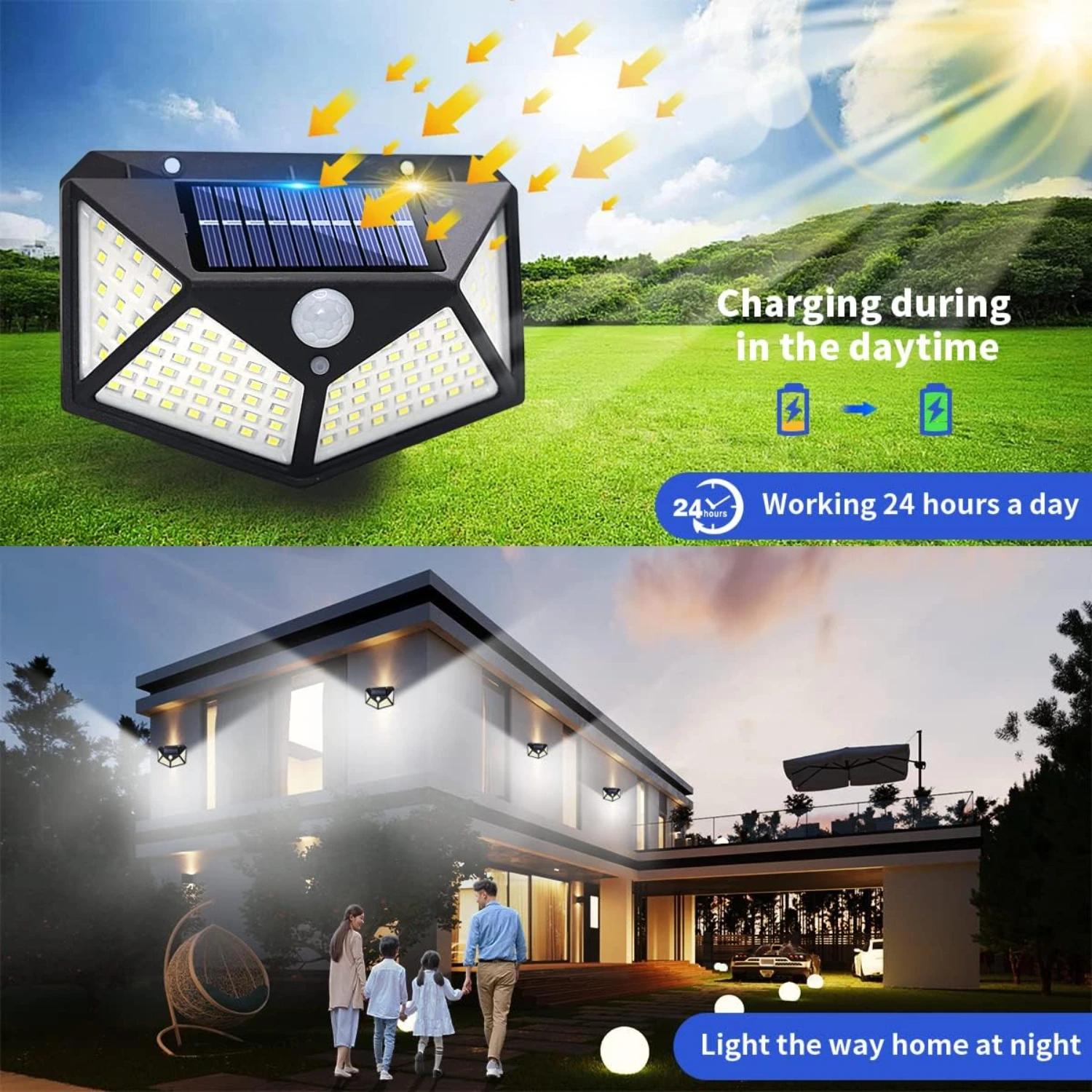 100LEDs Powerful Solar Wall Light with Wide Angle Motion Sensor, Smart Waterproof Flood Light