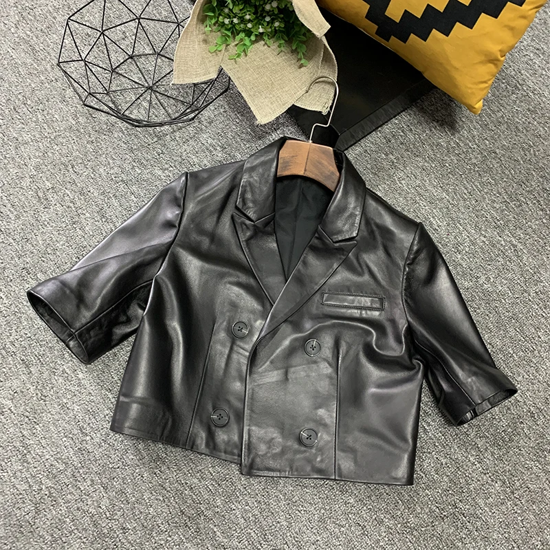 

2023 Autumn Genuine Leather Short Coat Women Short Sleeve Double Breasted Turn-Down Collar Office Lady Sheepskin Suit Jacket