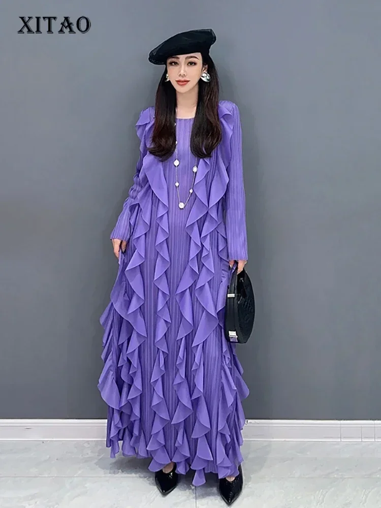 

XITAO Ruffled Elegant Dress Solid Color Casual Loose O-neck Full Sleeve Autumn Fashion Women New Ankle-Length Dress LYD1606