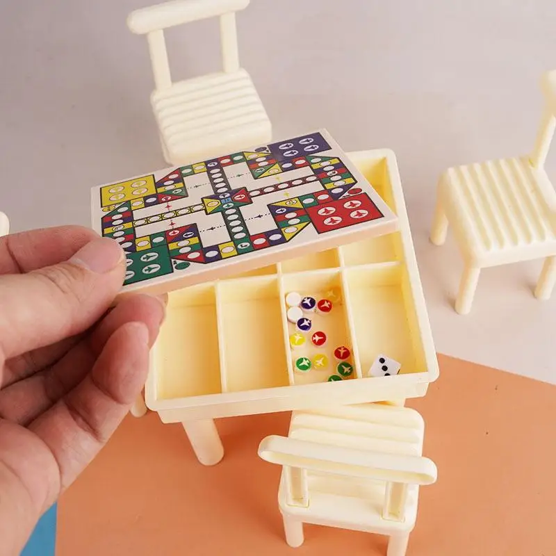 【F】Miniature Dollhouse Chess Set Decor 1:12 Scale Includes Mini Table with Chair Flying Chess Ludo Board Game Go Game Model