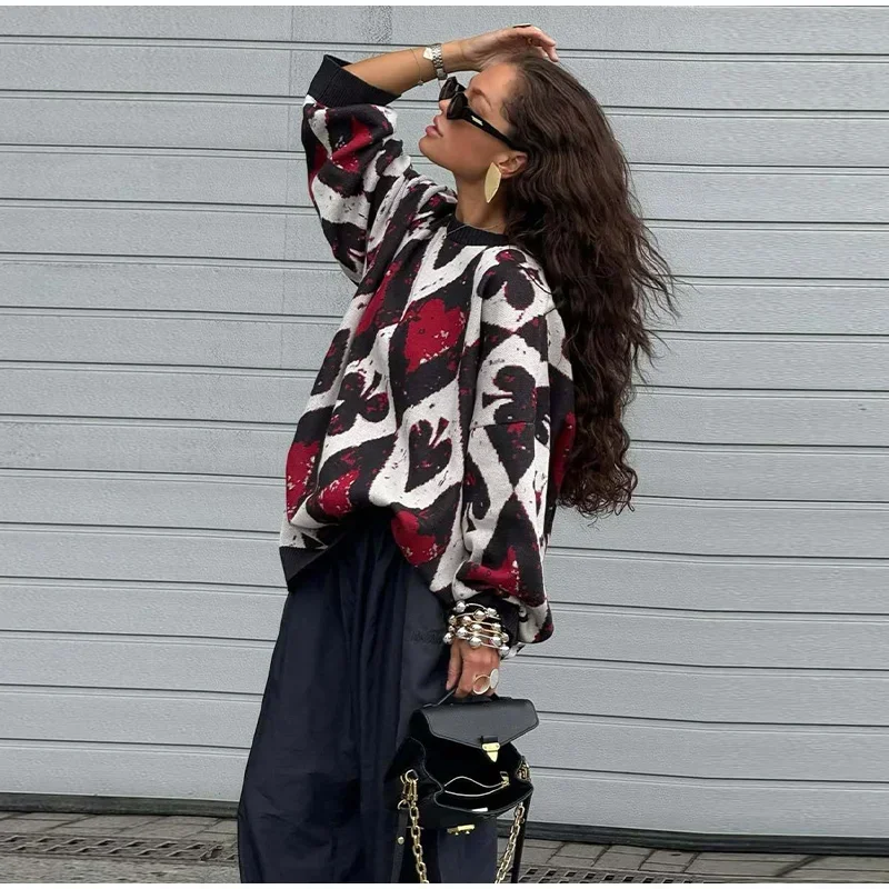 Stricken Geometrische Drucken Pullover frauen Pullover Oansatz Langarm Kontrast Nähte Pullover 2025, Herbst Winter Lose Pullover