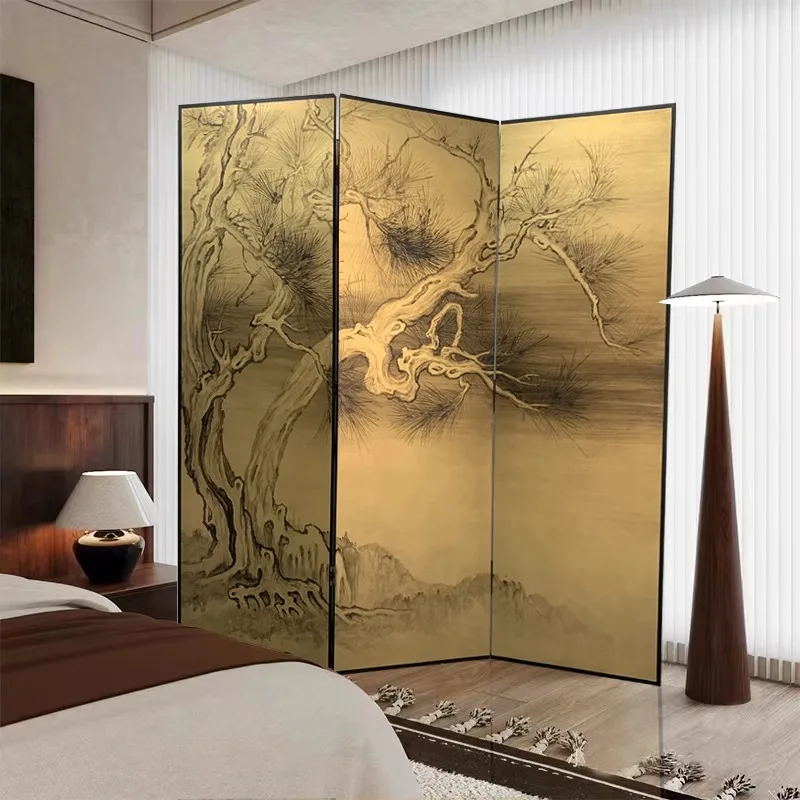 Chinese simple gold foil screen foldable mobile partition background wall