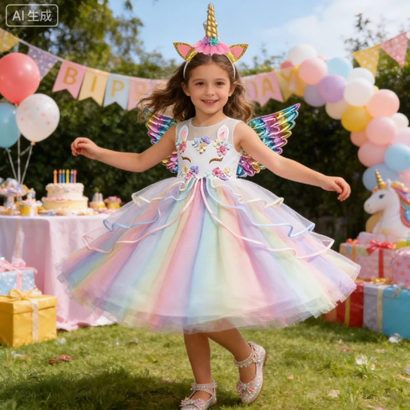 كرنفال ملون بنات يونيكورن فستان باستيل قوس قزح تول الأميرة فتاة فساتين حفلات أعياد ميلاد الطفل يونيكورن أداء الأزياء