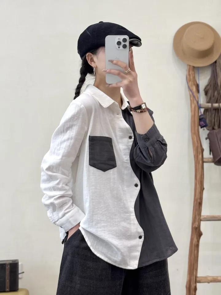 New 2025 Autumn Cotton Long Sleeve Shirt, Women Turn-down Collar Patchwork, Mori Girl Retro Casual Design Loose Blouse T56259CC