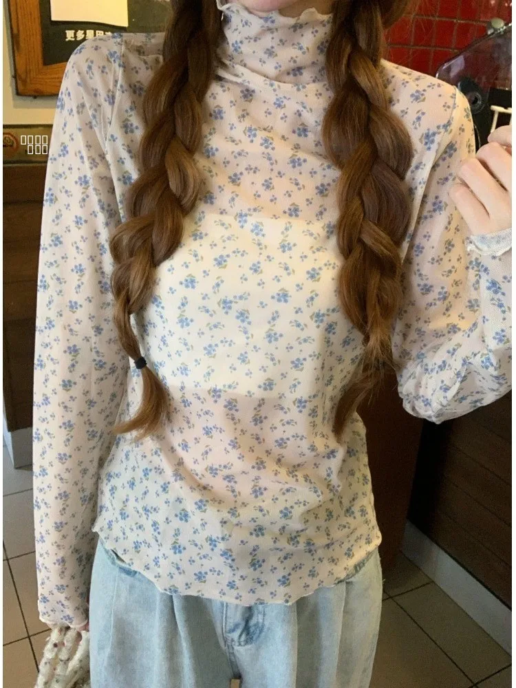 

Корейская женская базовая футболка-топ с длинным рукавом, цветочный узор, кружевная отделка, для многослойного образа, трендовая, Wood ain