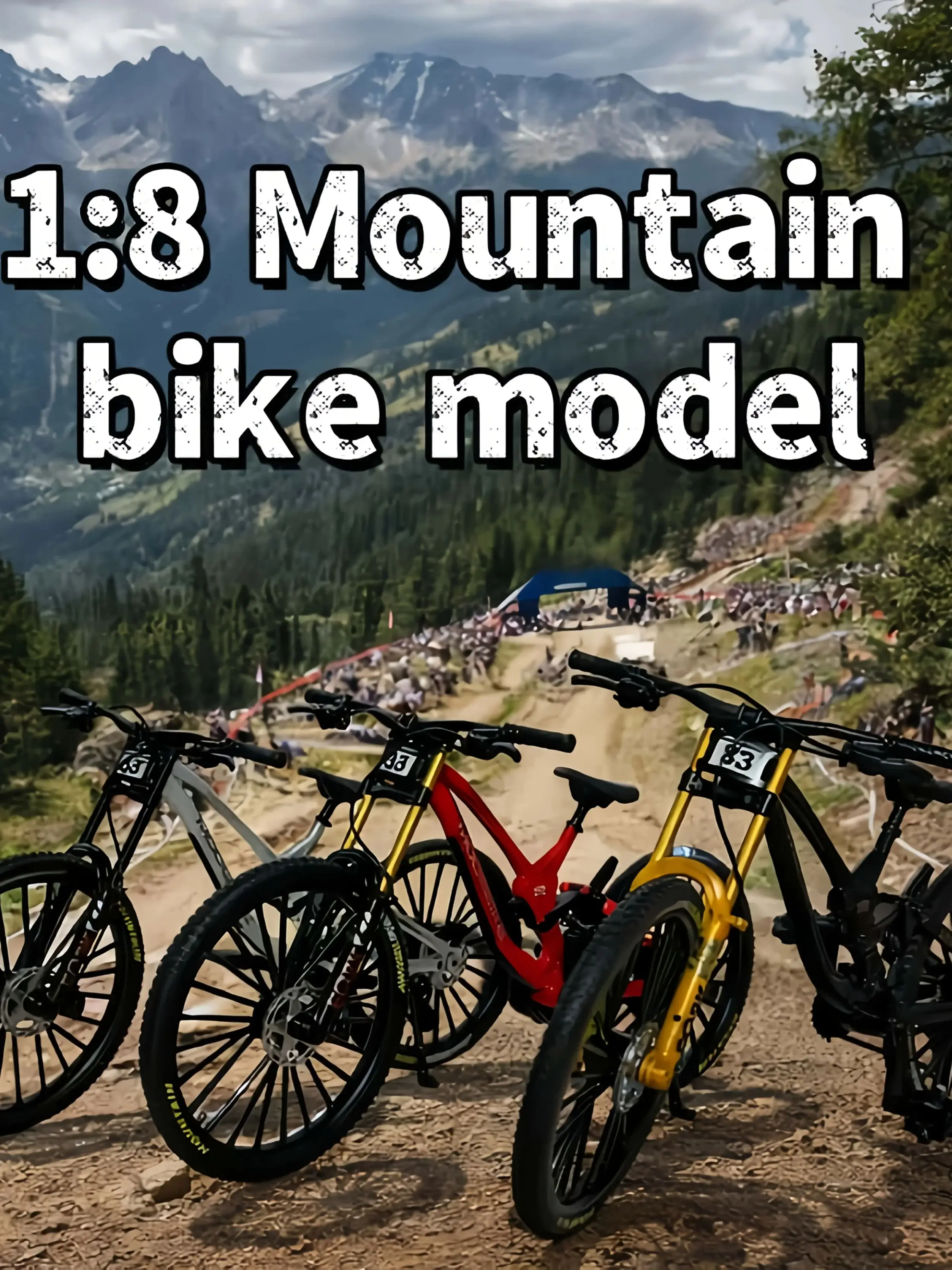 AliExpress HRZPACT 1:8 scale alloy mountain bike model with frame featuring realistic welded joints - compressible front and rear shock absorbers.