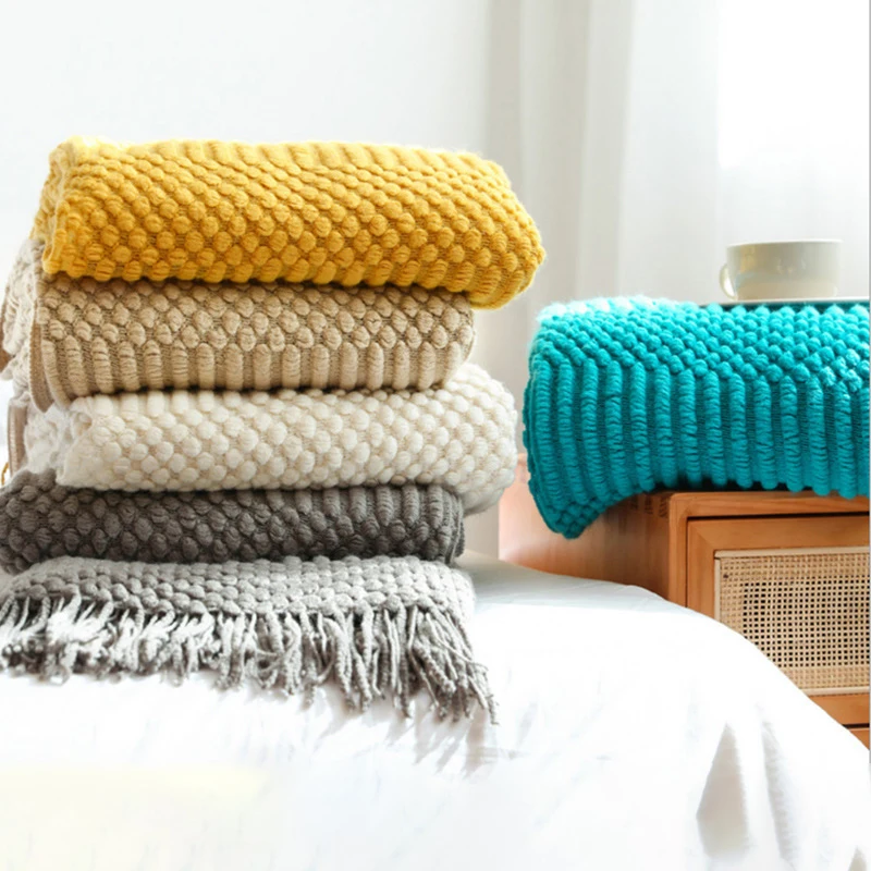 3D Plaid Knitted Blanket Solid Color Embossed Blanket Nordic Decorative Blanket for Sofa Bed Throw Chunky Knit Throw Blankets