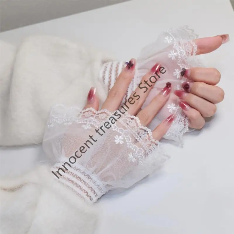 3XUA زوج واحد من أكمام الذراع بطبقة مزدوجة من الدانتيل المطرز بالزهور للنساء مناسبة مادة النايلون المريحة