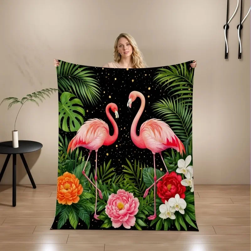 Light Plush Flannel Blanket, Tropical Floral Flamingo Print Throw, Warm All Season Cover for Bedroom, Sofa & Indoor Decor