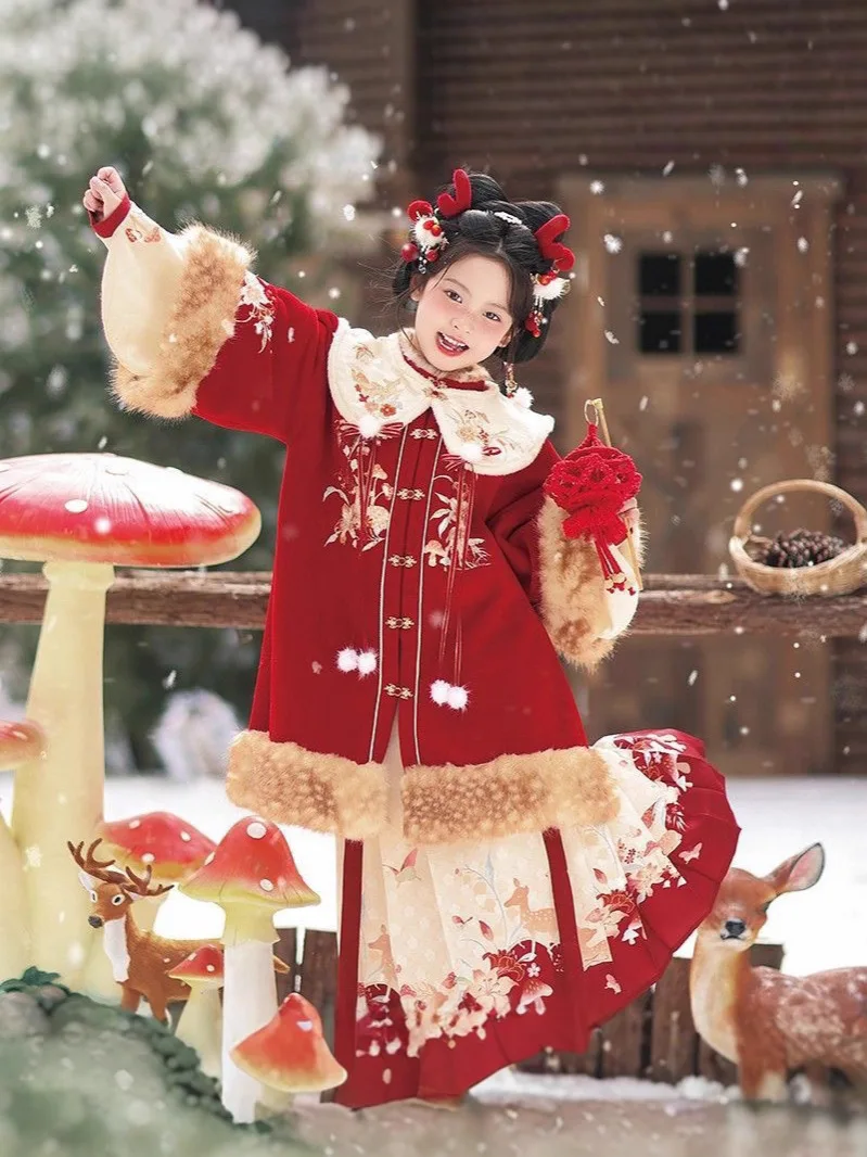 فستان هانفو مبطن دافئ للشتاء الأحمر الجديد للفتيات زي الجنية القديمة للأطفال بدلة تانغ ملابس السنة الصينية الجديدة #5