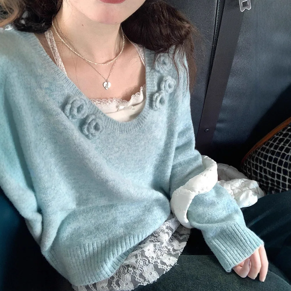 

Mint Milk Cake Flower U-Neck Pullover Sweater Knitted Top for Women 2025 Autumn Winter Design Sense