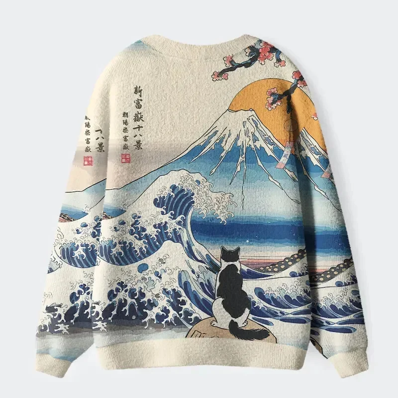Black Cat in the Wheat Field Long Sleeved Cardigan Sweater for Women Men Casual Knitwear