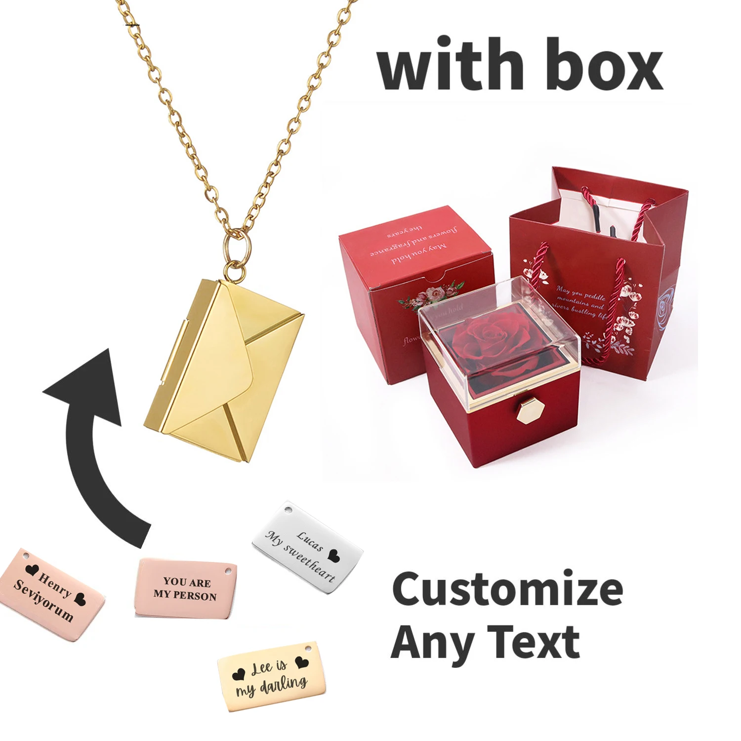 Eternal Rose Box with Personalized Envelopes with Text Necklace Flower Jewelry Box for Girlfriend Valentine's Day Gift 2024