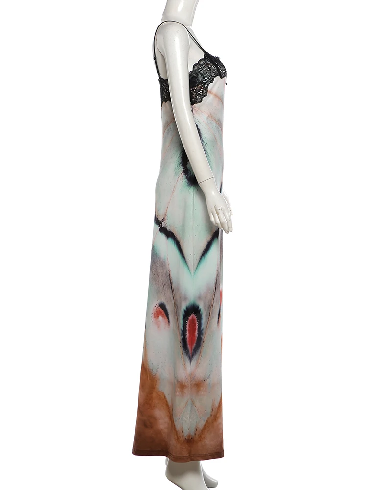 Weird Puss Art Print Sling-Kleid, Damen, Spitze, Patchwork, tiefer Ausschnitt, rückenfrei, hohe Taille, Robe, Midnight Club Party, modisch, langes, figurbetontes Kleid – Detail 3