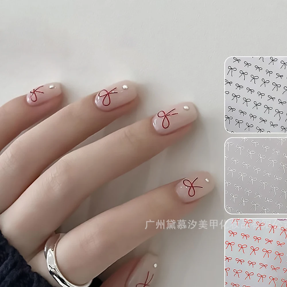 Kawaii Nail Art Stickers Simple Bowknot Line Design DIY French Classic Black White Maiden Heart Nail Decorations Decals