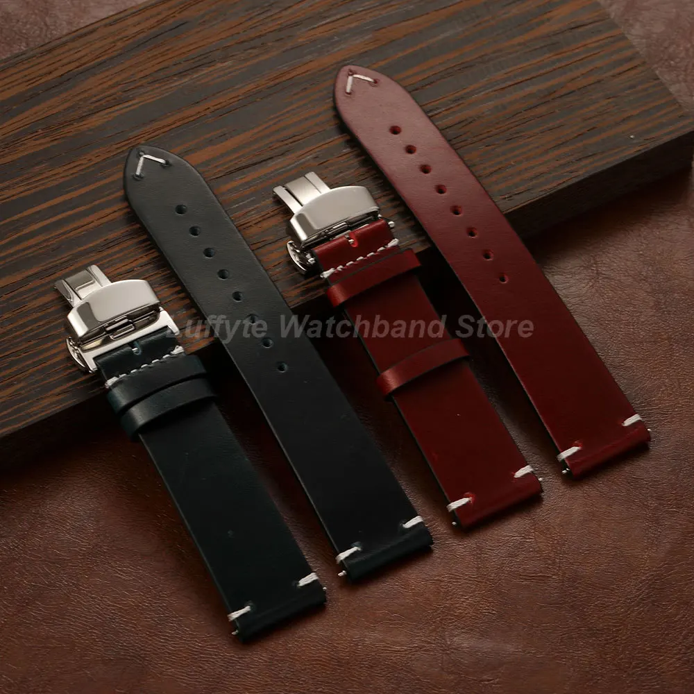 Men Universal Oil Wax Leather Watch Band With Butterfly Buckle Quick Release Spring Bar 18mm 20mm 22mm Comfortable Wristband image 6