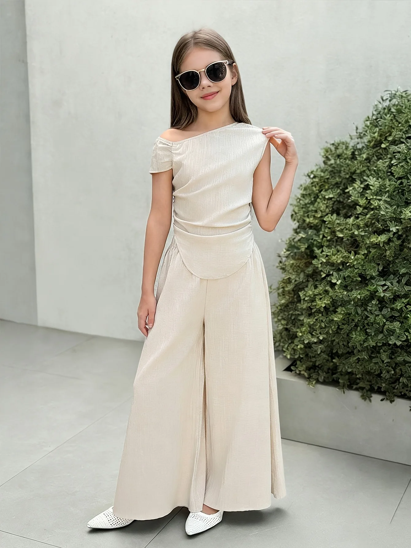 Kids Girls 2-Piece Summer Outfit Set, Beige Textured Fabric Asymmetric Off Shoulder Ruched Crop Top & Elastic High Waist Wide Le