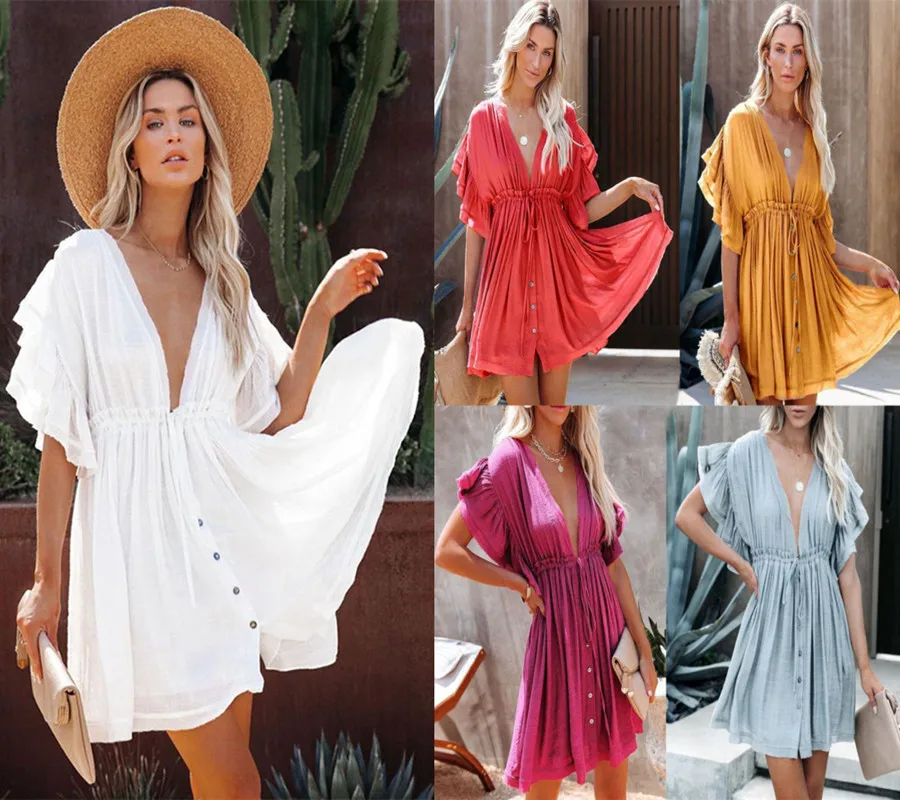 

Slub Cotton Tunic Sexy V-neck Flare Sleeve Ruffled Mini Dress Vestidos Summer Clothes Women Beach Wear Swim Suit Cover Up