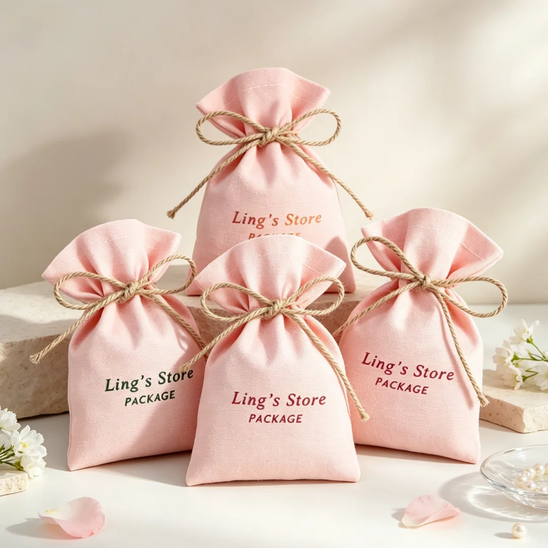 50 pochettes en coton mousseline rose pour emballage de bijoux, mini-sacs en toile pour cadeaux de mariage et bonbons, avec corde en jute, personnalisables