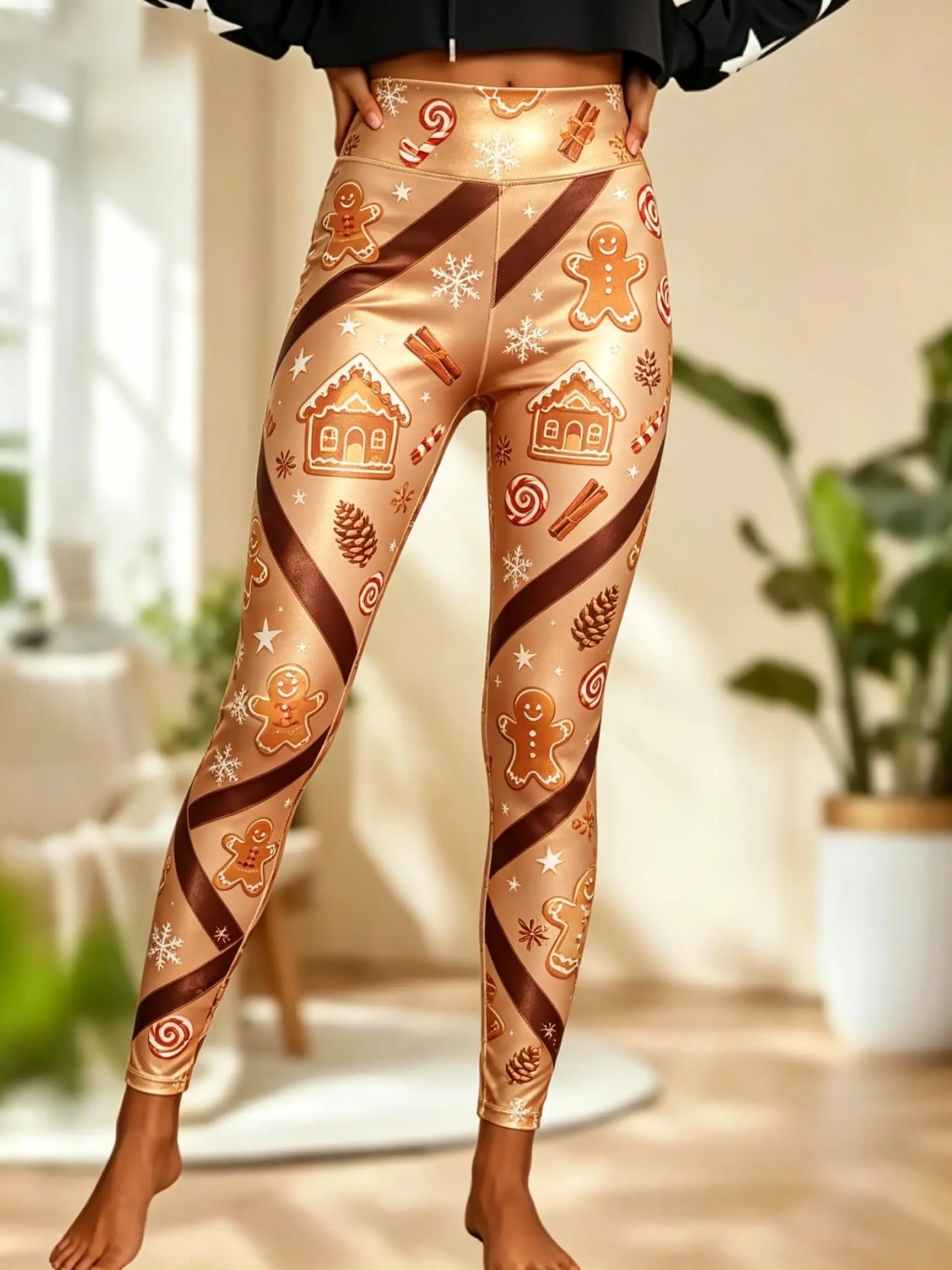 Women Mid Waist Fleece Lined Leggings Christmas Santa Gingerbread Man Gift Candy Cane Print Slim Stretch Holiday Trousers - view 3