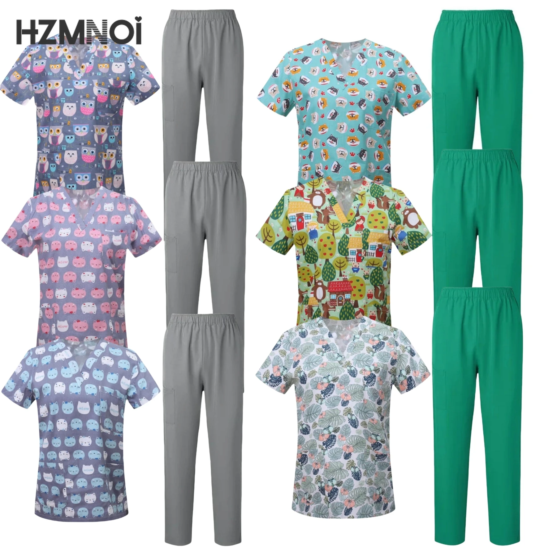 

Surgical Uniforms Woman Printing Blouse Pockets Pants Medical Scrub Set Beauty Salon Workwear Clinical Scrubs Top+Pants Spa Suit