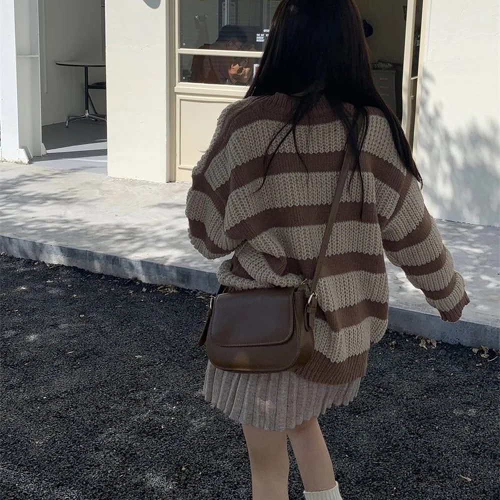 Vintage Brown Striped Sweater Women Harajuku Oversize Pullover Jumper Preppy Jerseys Casual Knitted Tops