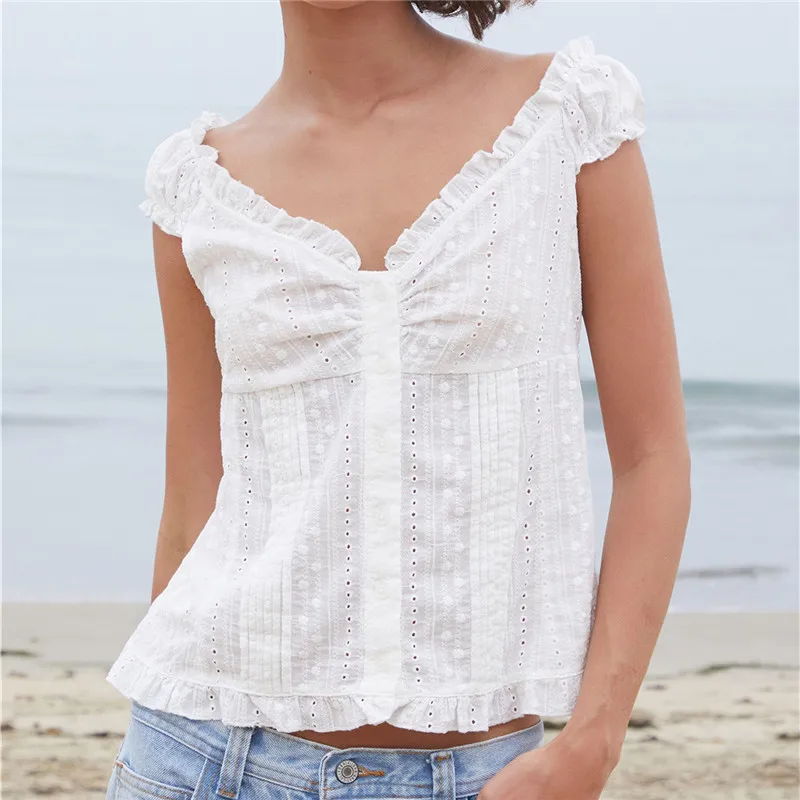 Women Off Shoulder Ruffle Blouse Eyelet Embroidery V Neck Front Button Pinched Pleat Slim Short Sleeve Crop Top Daily Streetwear