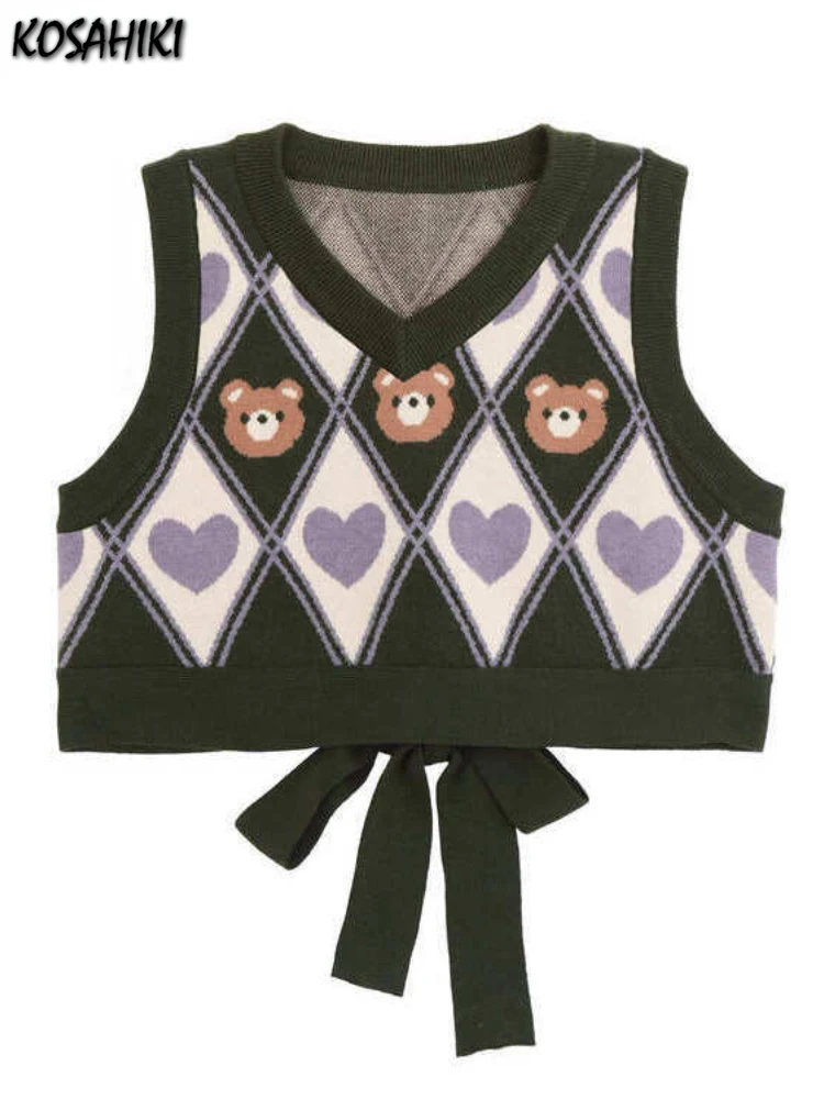 KOSAHIKI Kawaii Sweater Vest Bear Pri Sleeveless Casual Knitted Argyle Waistcoat 2024 Vintage Y2K Cropped Bandage Vests JK Tops