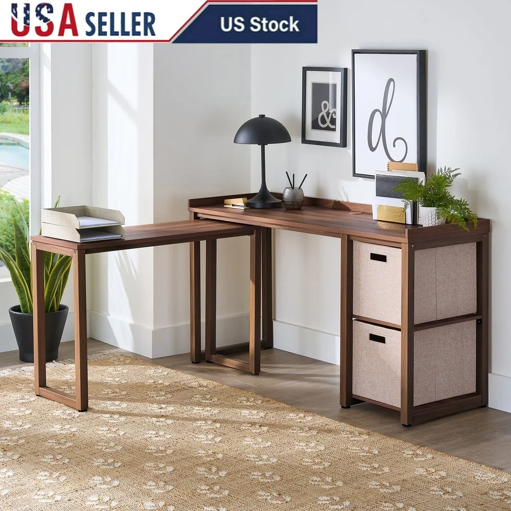 

Модульный L-образный стол с 2-мя кубиками для хранения, экономия места, дизайн, рабочий стол для домашнего офиса, кабельная конструкция, дерево, металл