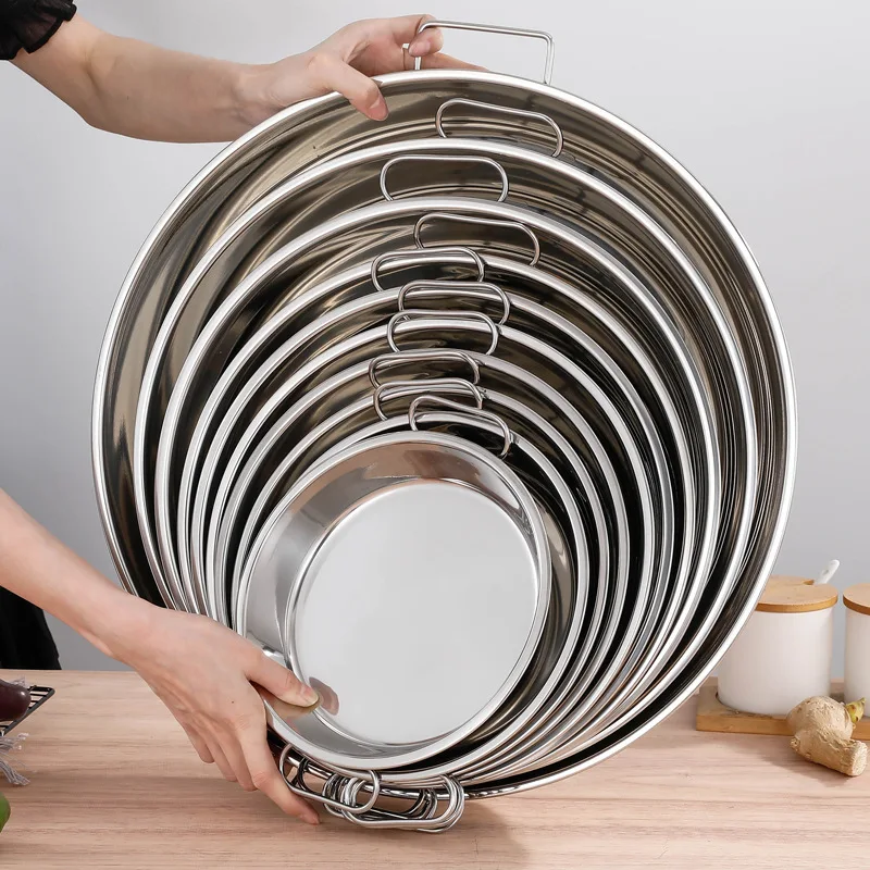 Binaural Stainless Steel Food Dinner Plates Kitchen Round Flat Storage Serving Tray Cake Bread Dishes Home Tableware Utensils