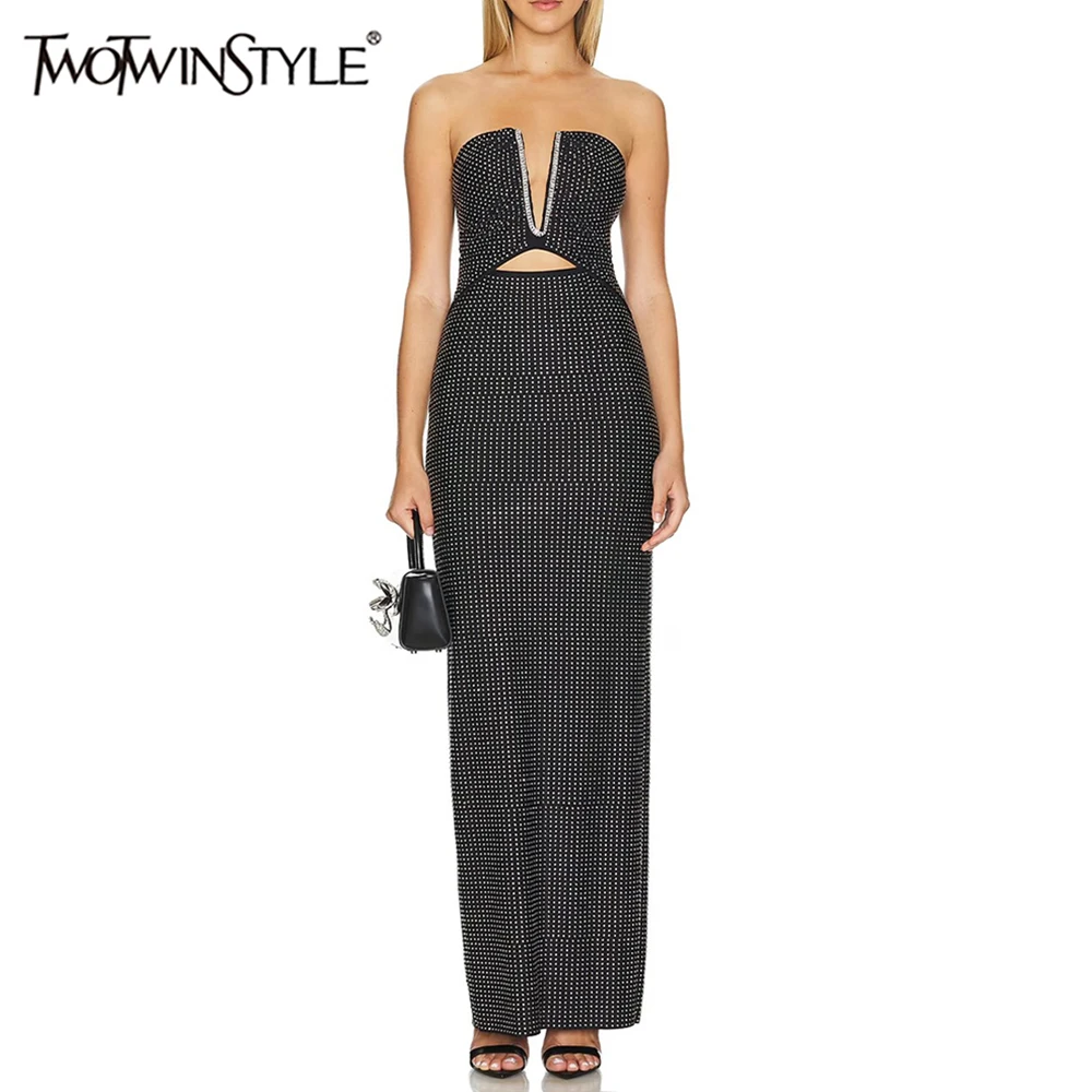 

TWOTWINSTYLE Patchwork Sequins Dresses For Women Deep V Neck Sleeveless High Waist Slim Hollow Out Party Dress Female Fashion