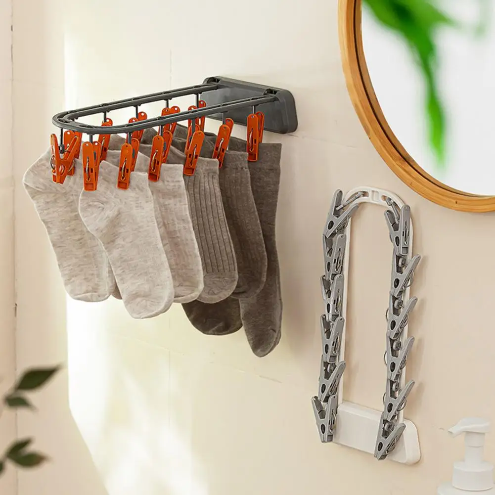 Socks Drying Rack Wall-Mounted Multiple Clips Strong Load Bearing Windproof Foldable Hanger Drying Clip Household Supplies