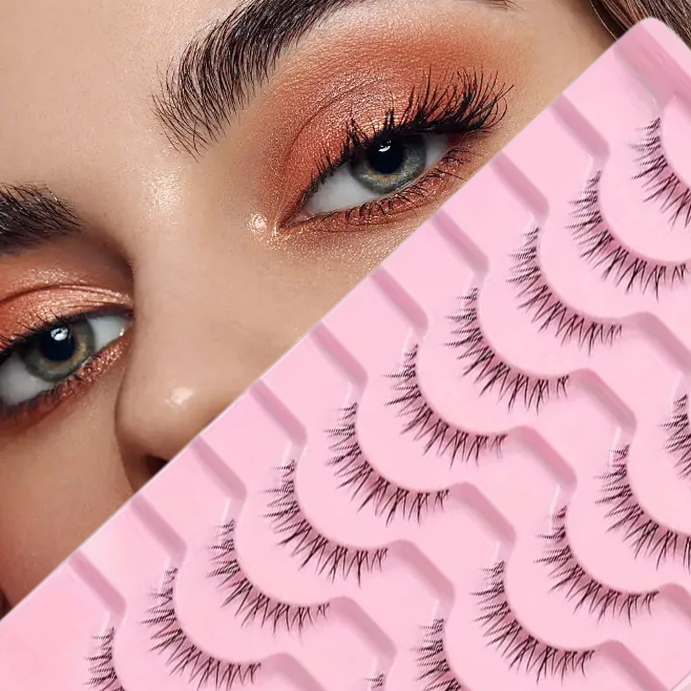 10 أزواج من الرموش الصناعية عباد الشمس - شرائط كاملة بشريط شفاف، مظهر طبيعي، قابلة لإعادة الاستخدام، 10-12 مم